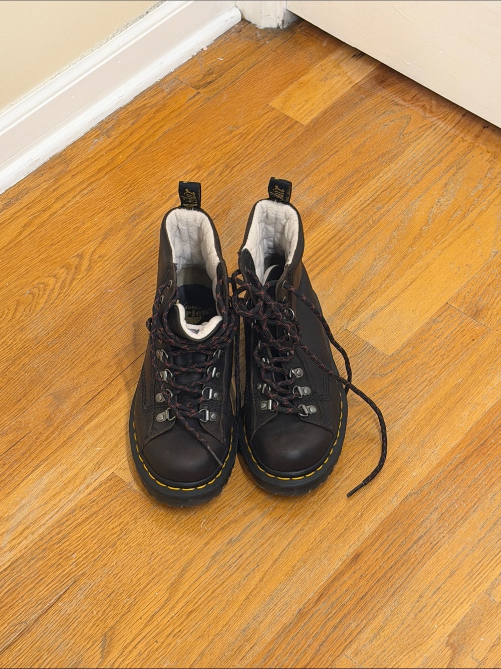 Dr. Martens Black Leather Hiking-Style Boots with Yellow Stitching 2